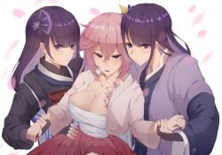 3girls bangs clothed dress flower flowers furichii_io genshin_impact grabbing grabbing_arm holding_arm japanese_clothes jewelry large_breasts makoto_(genshin_impact) pink_dress pink_hair purple_eyes purple_hair raiden_shogun ring sandwiched yae_miko yuri