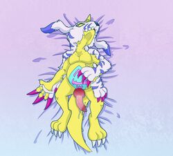 animal_skin blue_body blue_fur bodily_fluids claws closed_eyes cum dakimakura_design digimon digimon_(species) eyelashes fur gabumon genital_fluids genitals horn knot male male_only markings p.v.su penis pink_markings purple_background reptile scalie sharp_teeth simple_background sleeping teeth toe_claws yellow_body