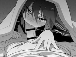 /// /\\/\\/\\ 1boy 1boy1girl 1girls bar_censor bed_sheet black_hair censored eyebrows_visible_through_hair fellatio female_focus greyscale hair_between_eyes hatsukoi_zombie ibusuki_ririto jacket long_sleeves looking_at_viewer monochrome organ_rn penis pointless_censoring pov short_hair sweat track_jacket under_covers