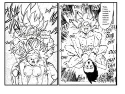 1boy 2girls black_and_white caulifla comic doggy_style doggystyle dragon_ball dragon_ball_super english_text female kale male mastered_ultra_instinct monochrome multiple_girls saiyan sex son_goku super_saiyan text ultra_instinct universe_6/universe_7 universe_6_saiyan/universe_7_saiyan vaginal_penetration