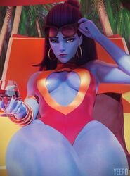 1girls 3d absurdres alternate_costume areolae beach big_breasts big_thighs blender blue_skin breasts choker cleavage cote_d'azur_widowmaker drink earrings female female_only frown highres leotard long_hair looking_at_viewer one-piece_swimsuit overwatch purple_skin sitting solo solo_female sunglasses swimsuit thick_thighs widowmaker yeero yellow_eyes