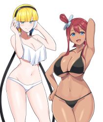 2girls :d armpit bikini closed_mouth contrapposto curvy elesa_(pokemon) female female_only hands_on_headphones human large_breasts multiple_girls one_arm_up pokemon pokemon_bw skyla_(pokemon) slender_waist smile swimsuit thick_thighs wide_hips