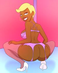 1girls atnog beverly_evans big_ass big_breasts big_butt blonde_hair bra crouching dark-skinned_female dark_skin garter_belt garter_straps good_times_(series) good_times_reboot high_heels looking_at_viewer looking_back milf mother netflix rear_view stockings thick_thighs thighhighs wide_hips