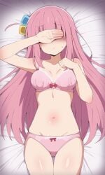 ai_generated bed blush blushed_face bocchi_the_rock! covering_face gotou_hitori hand_on_face hand_over_eye kslgsnb medium_breasts on_back on_bed pink_bra pink_hair pink_panties pink_underwear pixai underwear