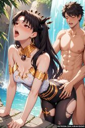 1boy 1girls ai_generated ariavisions black_hair doggy_style fate/grand_order fate_(series) female gold_trim ishtar_(fate) long_hair male open_mouth red_eyes sex standing_doggy_style taken_from_behind tongue_out torn_clothes