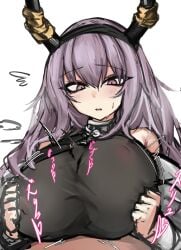 arknights boobjob clothed_female_nude_male grabbing_own_breast large_breasts massive_breasts motion_lines open_mouth paizuri paizuri_under_clothes purple_hair pushing_breasts_together shoulders typhon_(arknights)