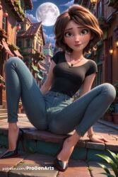 1girls ai_generated arm_support artist_name aunt aunt_cass big_hero_6 black_footwear black_shirt blue_pants bracelet breasts brown_hair building cass_hamada closed_mouth cloud collarbone denim disney earrings full_body full_moon green_eyes hi_res high_heels jeans jewelry lips looking_at_viewer m_legs medium_breasts milf moon necklace night night_sky nose outdoors pants patreon_username plant progenarts shirt short_hair short_sleeves sitting sky smile solo spread_legs watermark web_address