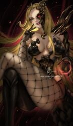 bare_shoulders blonde_hair breasts female fishnets highres large_breasts long_hair looking_at_viewer naamah_(megami_tensei) pantyhose parted_lips patreon_username shin_megami_tensei shin_megami_tensei_v shin_megami_tensei_v:_vengeance smile solo thighs weisart