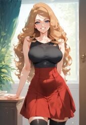 1girls ai_generated blonde_hair bust clothed female_focus looking papukun pokemon serena_(pokemon) skirt smile solo stockings