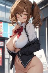 ai_generated blush braided_twintails brown_hair buttoned_shirt buttons_popping chalkboard cleavage_focus curled_hair dress_shirt dressed fat_ass glasses high_school_dxd huge_breasts kiryuu_aika neck_ribbon nice_ass perfect_body pussy_peek red_neckwear school_skirt school_uniform schoolgirl schoolgirl_uniform shirt_open tight_clothing tight_fit twintails yellow_eyes