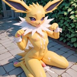 ai_generated anthro blush cuffs_(clothing) cum_on_chest cum_on_ground cum_on_self cute_pose femboy jolteon male_only purple_eyes submissive_male uwu yellow_fur yellow_penis