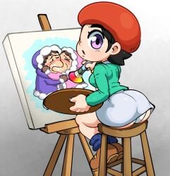 1boy 2girls adeleine ass black_hair commission ice_climber jellot kirby_(series) kirby_64 kirby_64:_the_crystal_shards looking_back meme miniskirt nana_(ice_climber) paintbrush painting panties popo_(ice_climber) purple_eyes skirt stool