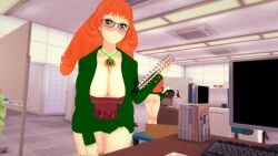 1girls 3d alternate_breast_size android ass blush cum_inside ginger ginger_hair glasses green_eyes koikatsu light-skinned_female mirror office_lady penny_polendina pov rwby self_upload