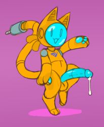 anthro big_penis blue_face blue_pawpads blue_penis bodily_fluids circumcised cum cum_drip domestic_cat dripping felid feline felis genital_fluids genitals hi_res humanoid_genitalia humanoid_penis looking_at_viewer machine male mammal nylonheretic orange_body pawpads penis robot screen screen_face solo