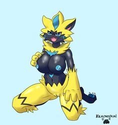 1girls 2019 3_toes 4_fingers anthro anthrofied areolae belly big_breasts big_ears big_hands black_fur blue_background blue_eyes blue_fur blue_pawpads blue_pussy blue_skin breast_grab breasts claws colored feet feline female female_only fur furry hand_on_breast huge_breasts kemonogami kneeling legendary_pokémon looking_at_viewer navel nintendo nipples nude open_mouth pawpads paws pokémon_(species) pokemon pokemon_usm pussy smile solo teeth text thick_thighs tongue video_games watermark whiskers yellow_fur zeraora