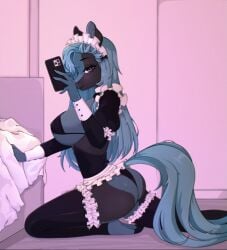 1girls akeno_(itsnafulol) alternative_fashion anthro ass bed bedroom big_breasts bikini black_body black_fur blue_body blue_fur blue_hair breasts cellphone clothing electronics equid equine ero_lolita female foke.s frilly frilly_clothing fur furniture hair hair_over_eye hi_res hooves horse j-fashion lolita_(fashion) long_hair maid_headdress maid_uniform mammal one_eye_obstructed phone pink_eyes pose selfie smartphone solo swimwear tail uniform