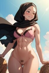 abs ai_generated athletic athletic_female bare_thighs beach big_breasts blue_sky bottomless bottomless_female breasts cleavage female female_only hijab hourglass_figure light-skinned_female light_skin looking_away muslim muslim_female navel pink_bra pubic_hair pussy slim_waist smile smiling solo solo_female sunlight thick_thighs thigh_gap wide_hips wind