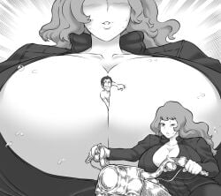 1girl1boy arsene_lupin_iii between_breasts big_breasts biker_clothes black_and_white body_between_breasts cleavage clothing giantess gtstamago huge_breasts in_cleavage larger_female lupin_iii manga_page micro micro_in_cleavage mine_fujiko miniboy motorcycle naked_male pervert riding shared_clothes shrunken_male squeezing_breast tight_clothing trapped_between_breasts trapped_in_breasts unzipped_bodysuit white_and_black