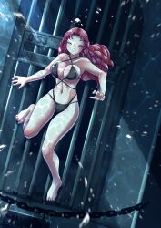 asphyxiation big_breasts bikini breasts closed_eyes collarbone curly_(foxeye) current drowning female foxeye_(artist) navel original original_character peril red_hair swimsuit trapped underwater