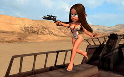 1girls 3d bantha-ii_cargo_skiff bare_shoulders barefoot big_breasts brown_hair busty cleavage curvy day detailed_background female female_only front_view gun high_heels holding_object hourglass_figure human kondaspeter leotard long_hair outdoor outside pose posing running sand shadow shiny shiny_skin skirt slave_bikini solo star_wars tatooine vivi_(kondaspeter) voluptuous weapon wide_hips