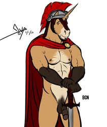 abs anthro armor balls beard bgn biceps biped circumcised clothing empty_eyes equid equine facial_hair flaccid headgear helmet horn humanoid_penis looking_at_viewer male male_only mammal mostly_nude muscular muscular_male nipples pecs penis signature simple_background smile solo unicorn valens_(character) weapon
