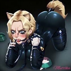 1futa ai_generated bitch_collar bitch_taken_for_walk bitchsuit bound bowl_of_cum brat buttplug dog_bowl dog_ears female iq_(rainbow_six) leash leashed muttika panty_gag petplay plug_(sex_toy) rainbow_six_siege tail upset