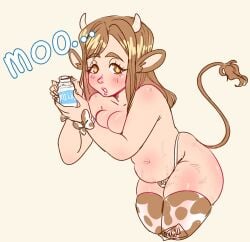 1girls belly blush breasts cow_ears cow_girl cow_horns cow_print cow_print_bikini cow_print_thighhighs cow_tail english_text kunikida_hanamaru large_breasts long_hair love_live! love_live!_sunshine!! milk_bottle navel parted_lips plump sin_koriin topless yellow_eyes