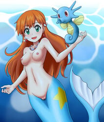 1girls 5_fingers :d alternate_species ambiguous_gender areolae armpits blue_eyes blue_tail breasts breath collarbone earrings eld_(ljhlee12) female feral game_freak highres horsea human human_only jewelry jpg kasumi_(pokemon) long_hair looking_at_viewer mermaid mermaid_misty_(pokemon) misty_(pokemon) monster_girl navel necklace nintendo nipples open_mouth orange_hair pokemon pokemon_(anime) pokemon_rgby pussy scalie seahorse small_breasts smile solo tail topless underwater vagina video_games water wide_hips