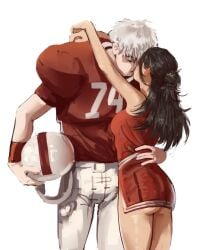 1boy 1girls alternative_universe american_football american_football_player artist_name artist_request ass black_hair boyfriend-girlfriend couple curvy curvy_female fan football_(american) gender_transformation hand_on_waist jujutsu_kaisen male/female milf minishorts miniskirt mommy muscular muscular_male rule_63 satoru_gojo sk82cr81 soccer_uniform standing straight suguru_geto uniform white_background white_hair