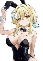 1girls 2d 2d_(artwork) alternate_breast_size alternate_costume big_breasts black_bunny_ears black_bunnysuit blonde_hair bunny_ears bunnysuit covered_nipples female female_focus female_only flowers flowers_in_hair front_view fully_clothed genshin_impact hoyoverse huge_breasts ikurumidwd light-skinned_female light_skin looking_at_viewer lumine_(genshin_impact) mihoyo revealing_clothes shiny_clothes short_hair simple_background slim_girl solo solo_female solo_focus standing tight_clothing white_background white_flower yellow_eyes young younger_female