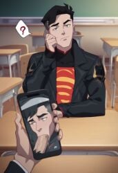 ai_generated classroom confused confusion gay oral oral_sex phone_screen school sitting superboy superboy_(conner_kent) twink unseen_character young_justice