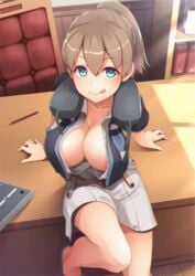 1girls :q animated big_breasts blue_eyes breasts brown_hair clavicle cleavage clothed clothed_female desk female female_focus female_only fully_clothed gif hair_between_eyes high_resolution huge_breasts hybrid_animation imminent_sex intrepid_(kantai_collection) inviting_to_sex kantai_collection large_breasts large_filesize licking_lips looking_at_viewer mofu_namako naughty_face on_desk open_clothes pen ponytail secretary shaking_breasts short_hair short_sleeves sitting sitting_on_desk sitting_on_table skirt smile solo solo_female solo_focus stroke_(animator) table third-party_edit tied_hair tongue tongue_out viewed_from_above white_skirt