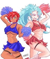 2girls abs akeno_(itsnafulol) armpits blue_hair breasts cheering cheerleader choker dark-skinned_female dark_skin green_eyes hair_between_eyes hair_over_one_eye height_difference highres huge_breasts looking_at_viewer lyra(itsnafulol) midriff multiple_girls pink_eyes pom_pom_(cheerleading) ponytail red_hair sayuraa sayuraa101 sayuraa101_(artist) sayuraansfw sethwijez siblings sisters skirt smile socks tank_top thick_thighs thigh_strap thighs tomboy underboob