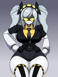 1girls 2d artist_request big_breasts breasts female female_only hair huge_breasts humanoid j_(murder_drones) large_breasts light_skin murder_drones pigtails robot robot_girl robot_humanoid screen_face solo suit tagme thick_thighs white_hair woman_in_suit yellow_eyes