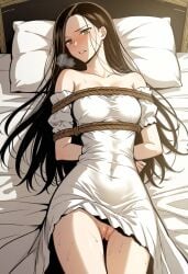 1girls ai_generated altair_justina_cayenne arms_behind_back bed black_hair doom_breaker exposed_pussy humiliation long_hair m_c manhwa nightgown reincarnation_of_the_suicidal_battle_god tied_up webtoon