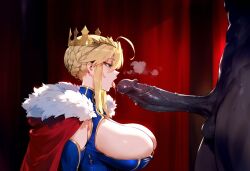 1boy 1girls ahoge ai_generated artoria_pendragon artoria_pendragon_(lancer) bangs blonde_hair blue_eyes blush braid braided_bun breasts cape cleavage cleavage_cutout clothed_female_nude_male clothing clothing_cutout colored_skin crown dark-skinned_male dark_skin erection fate/grand_order fate_(series) fellatio female female french_braid fur-trimmed_cape fur_trim green_eyes hair_between_eyes hair_bun headwear huge_breasts huge_cock large_breasts large_penis long_hair looking_at_partner male nakatori nipples nude open_mouth oral penis red_cape saliva semen sidelocks single_hair_bun sleeveless sleeveless_turtleneck solo_focus straight testicles tiara tied_hair tongue tongue_out turtleneck uncensored