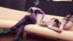 2girls 3d black_bra black_panties bra dmnhunter69 elf elf_female green_hair jaina_proudmoore night_elf night_elf_female panties pointy_ears purple_skin thighhighs tyrande_whisperwind underwear white_hair world_of_warcraft