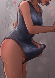 1futa absurdres bare_arms big_penis black_one-piece_swimsuit breasts bulge clothed clothing commentary_request covered_penis dark-skinned_female dark_skin duke_shiwa erection erection_under_clothes from_side futa_only futanari futanari_masturbation head_out_of_frame highres human large_penis masturbation one-piece_swimsuit open_mouth original partially_clothed penis precum precum_drip precum_through_clothes precum_through_clothing shiwa_kou shower_(place) shower_head solo standing swimsuit tenting testicles trembling