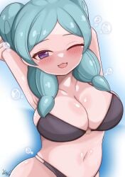 1girls arm_behind_head armpits arms_up beta_(inazuma_eleven) bikini black_bikini blue_hair blush bubble domidori female hair_bun inazuma_eleven inazuma_eleven_go inazuma_eleven_go_chrono_stone one_eye_closed purple_eyes short_hair solo solo_female water water_drop