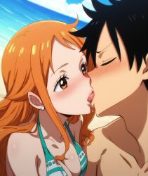 1boy1girl ai_generated bikini bikini_top black_hair blush female kissing male misaka monkey_d_luffy nami one_piece orange_hair post-timeskip tongue