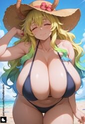 ai_generated artist_name beach big_breasts big_thighs bikini blonde_hair closed_eyes covered_nipples curvy dragon_maid female femberserk horns huge_breasts kobayashi-san_chi_no_maidragon large_breasts long_hair lucoa lucoa_(maidragon) miss_kobayashi's_dragon_maid patreon quetzalcoatl_(dragon_maid) solo sun_hat tagme voluptuous