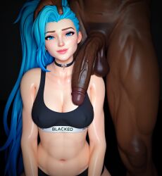 1boy 3d 3d_(artwork) ai_generated black_sports_bra blacked blacked_clothing blue_eyes choker cleavage cyan_hair dark-skinned_male female female_focus hand_on_head head_grab head_tilt interracial k/da_all_out_seraphine large_penis league_of_legends looking_at_viewer male medium_breasts penis penis_on_shoulder rawaifu riot_games self_upload seraphine_(league_of_legends) shiny_skin smile sports_bra testicles veiny_penis