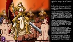 big_breasts breasts cfnm cleavage clothed_female_nude_male cum ejaculation english_text female female_knight femdom femdom_caption huge_breasts male metal_armor multiple_boys neocorona paladin penis tagme tears text underboob