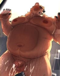 2024 anthro balls bear belly big_belly black_nose bodily_fluids brown_body brown_fur closed_eyes cum fur genital_fluids genitals hi_res humanoid_hands kemono male mammal moobs navel nipples oaks16 overweight overweight_male penis solo