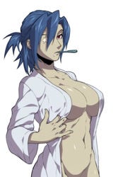 1girls big_breasts blue_hair bottomless breasts cleavage female female_only full_cleavage ganno large_breasts looking_at_viewer missing_eye mostly_nude navel ninja nurse ponytail red_eyes simple_background skullgirls solo undressing valentine_(skullgirls) white_background