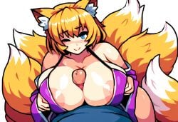 ai_generated animal_humanoid anthro asian_clothing big_breasts bikini blue_eyes blush breast_play breasts canid canid_humanoid canine canine_humanoid clothed clothing duo east_asian_clothing erection female female_focus first_person_view fox fox_humanoid genitals hair hellsonger hi_res huge_breasts human humanoid humanoid_genitalia humanoid_penis japanese_clothing looking_at_viewer male male/female male_pov mammal mammal_humanoid multi_tail one_eye_closed paizuri penis ran_yakumo sex simple_background smile solo_focus swimwear titfuck titjob touhou white_background wink