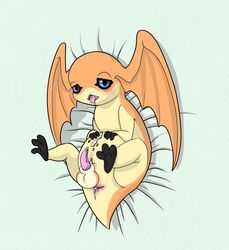 animal_genitalia animal_penis anus bat_wings blue_eyes blush bodily_fluids cum dakimakura_design digimon digimon_(species) feral genital_fluids genitals head_wings hi_res lying male male_only membrane_(anatomy) membranous_wings open_mouth orange_body p.v.su patamon penis saliva tongue tongue_out wings