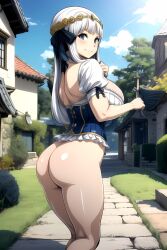 ai_generated ass blue_eyes blush bottomless breasts corset curvy_figure fairy_tail fairy_tail_100_years_quest faris_(fairy_tail) female female_focus female_only inside long_hair outdoors outside rosenly sky sweat touka_(fairy_tail) white_hair