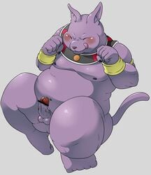 absurd_res anthro balls boner champa closed_eyes domestic_cat dragon_ball dragon_ball_super ear_piercing erection felid feline felis glans hi_res humanoid_hands humanoid_penis male male_only mammal mostly_nude naughty_face navel nipples overweight overweight_male penis piercing pomupomu490 portrait purple_balls purple_penis purple_skin simple_background sitting solo sphynx_(cat) tongue tongue_out