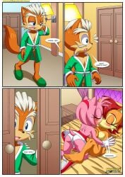 1boy 2girls amy_rose anthro ass barefoot bbmbbf blush breasts comic father_and_daughter female female/female kissing male maximillian_acorn mobius_unleashed nude palcomix sally_acorn sega sonic_(series) sonic_the_hedgehog_(series) who_is_your_daddy_(comic)